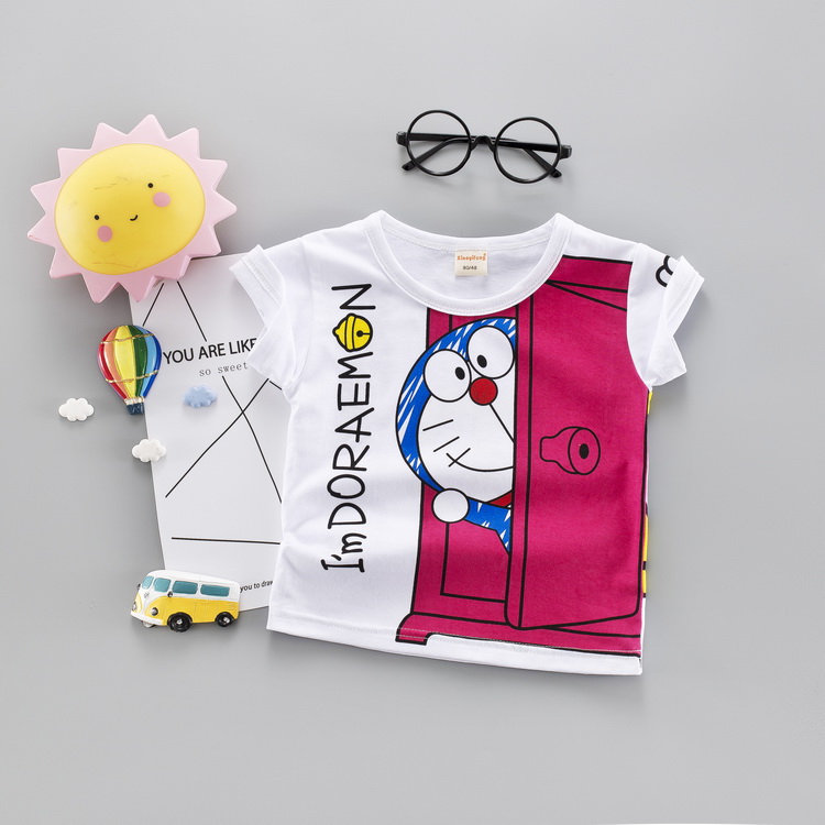 Mùa hè 2019 mới Quần áo trẻ em trẻ em Hàn Quốc Doraemon phim hoạt hình cotton cổ tròn tay ngắn - Áo thun áo thun mùa đông bé gái