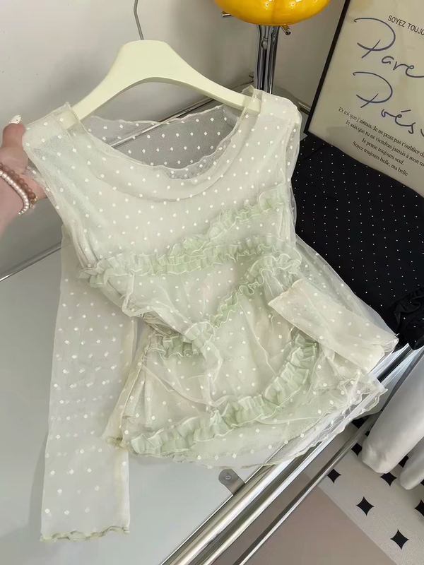 High-Fashion Attack~ Pure Desire Polka Dot Lace Mesh Top for Women, Spring and Summer Long-Sleeved Outerwear, Slimming Thin Lace Blouse