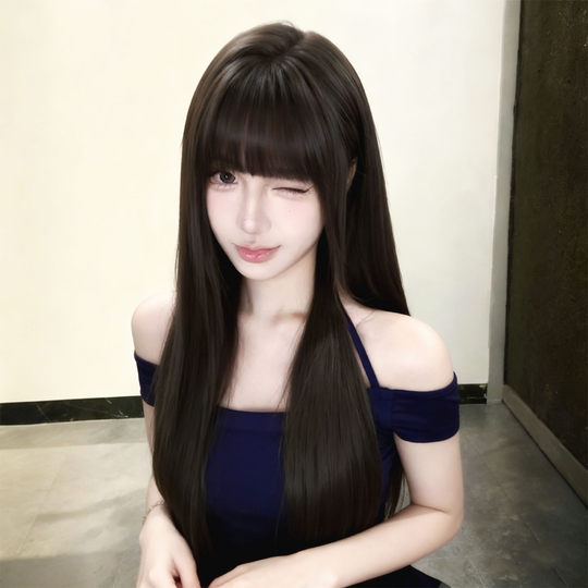 Black long straight artificial hair air bangs full headset