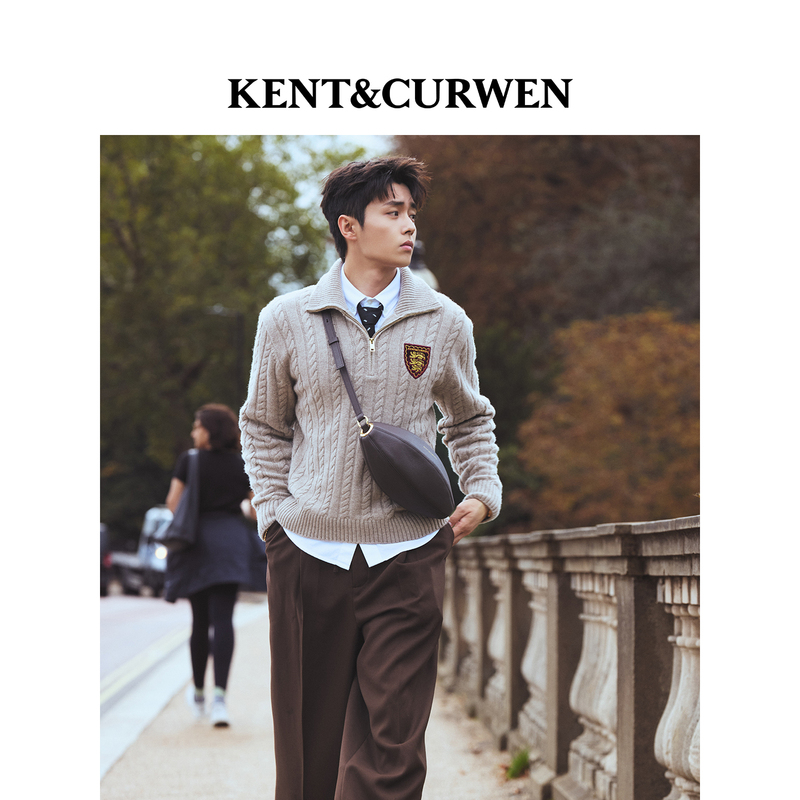 Zhai Zilu's Same Style Kent&Curwen Three-Lion Series Autumn and Winter Men's Wool Cable Knit Sweater