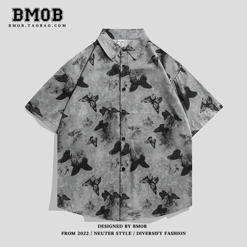 Bmob American Retro Ice Silk Butterfly Short-Sleeved Shirt for Men, Summer Trendy Brand, Cool and Lazy Style Couple Shirt Jacket