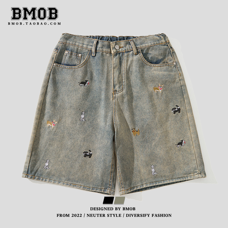 Bmob American Retro Fun Embroidered Dog Denim Shorts for Men and Women, Summer Loose Straight Wide-Leg Knee-Length Shorts Trendy