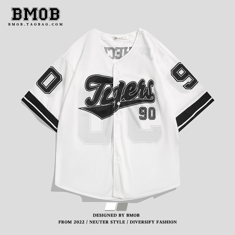 Bmob American High Street Retro Hip-Hop Cardigan Short-Sleeve T-Shirt Men's Street Style ins Trendy Baseball Shirt Top