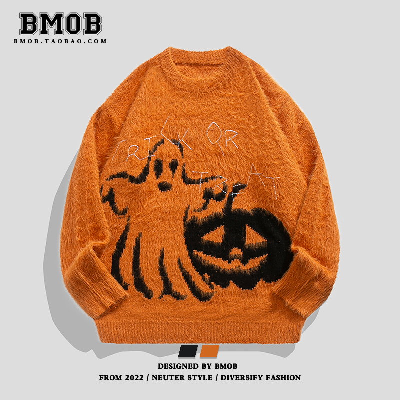Bmob Halloween Fun Pumpkin Ghost Sweater Soft and Cozy Lazy Style Cool and Trendy Atmosphere Unisex High-End Knitwear