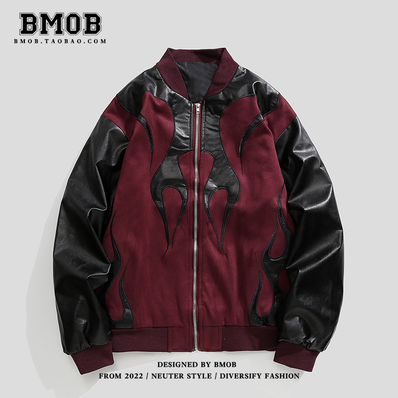 Bmob Color-Blocked Leather Jacket, Vintage American Baseball Jacket, Trendy High Street Design Flame Jacket for Men and Women Bmob Color-Blocked Leather Jacket, Vintage American Baseball Jacket, Trendy High Street Design Flame Jacket for Men and Women