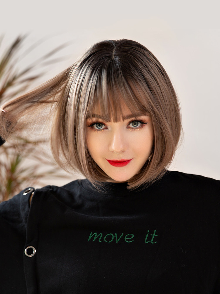 Wig female short hair Full head cover Korean bobo bobo student net red realistic round face repair face clavicle hair