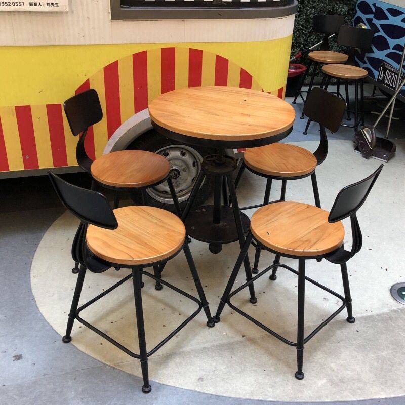 Commercial solid wood small round table can lift iron art milk tea shop Round table Leisure negotiation table round small table and chairs Three sets