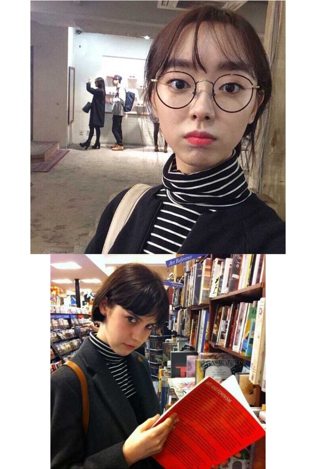 Hàn Quốc ulzzang phong cách Harajuku bf mùa thu và mùa đông Phiên bản Hàn Quốc của thủy triều lỏng lẻo sọc áo thun nam dài tay cổ cao chạm đáy áo áo thun nam trung niên