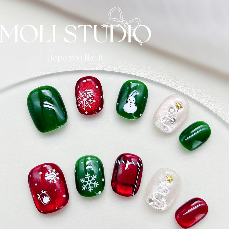 Molinail Snowy Christmas Short Wearable Nails Christmas Gift New Whitening Handmade Nail Art Finished Patch
