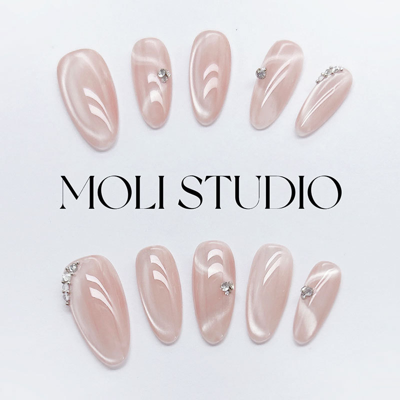 Molinail Jade Narcissus Medium-Length Wearable Nails High-End Handmade New Light Luxury Cat Eye Almond Nails Manicure