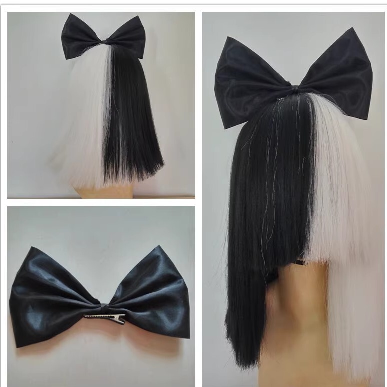 Beautiful European and American Style Sia Wig, Black and Gold Two-Tone, Bob Short Straight Hair with Oversized Black Bow Beautiful European and American Style Sia Wig, Black and Gold Two-Tone, Bob Short Straight Hair with Oversized Black Bow