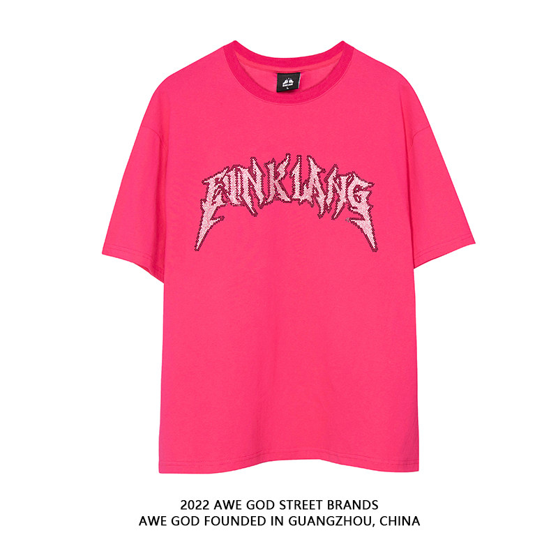 AWE GOD national tide American hot diamond letter short-sleeved top men's and women's street loose couple casual bottoming T-shirt