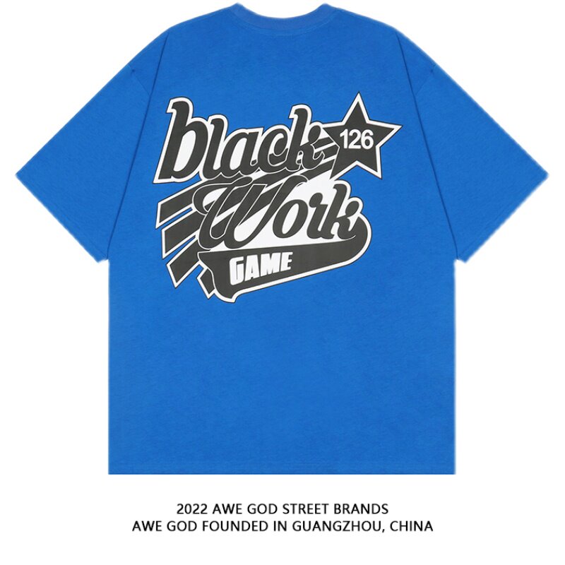 AWE GOD American street Klein blue white short-sleeved men's and women's summer new trendy couple casual T-shirt