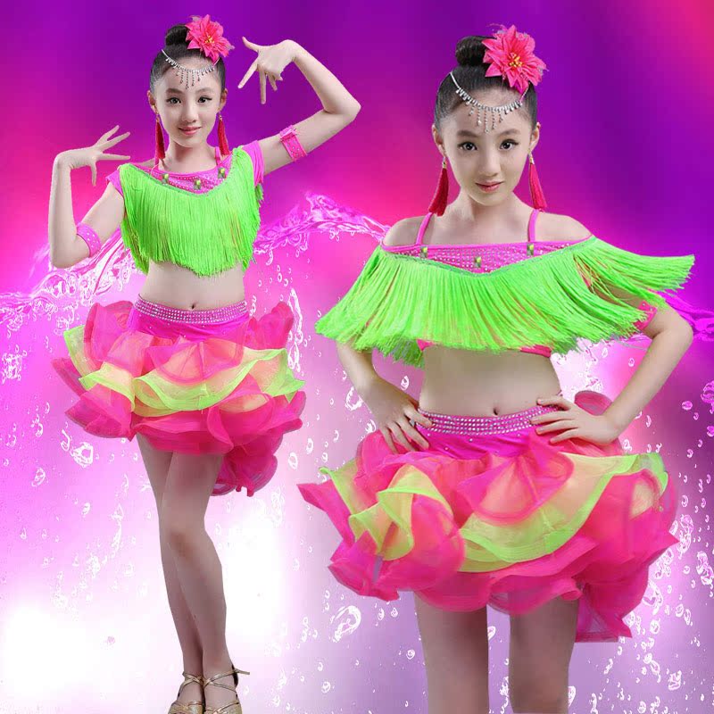 Children girls Latin dance dresses green with pink tassels latin ballroom dance top skirts costumes for kids