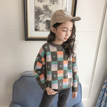 Girls Sweater Pullover Spring and Autumn 2019 New Zhongdang Korean version of foreign style Plaid childrens clothing childrens autumn knitwear