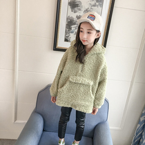 Girl plus velvet sweater 2019 autumn and winter New Korean version of foreign style thick lamb hair childrens winter hooded coat tide