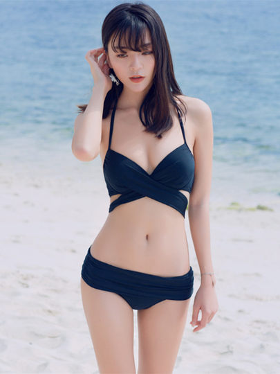 Women's swimsuit three-piece cover-up, split, conservative, small breasts gathered to cover belly, slimming, sexy hot spring bikini swimsuit