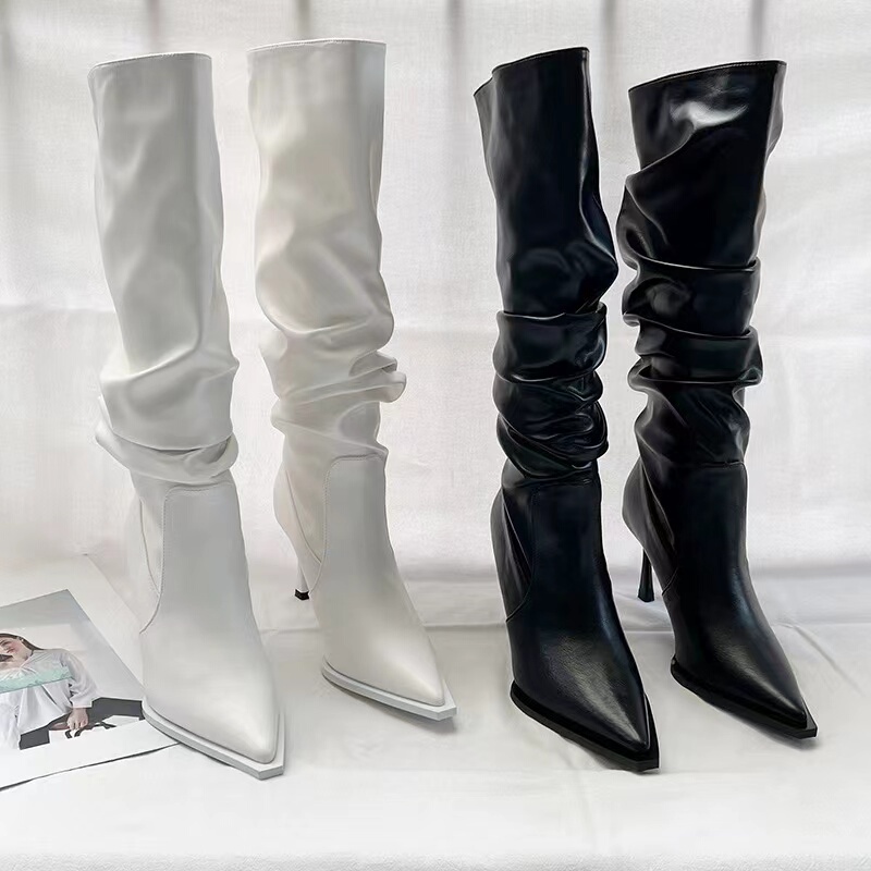 Long Boots, Knee-High Boots, Versatile Black Slim Boots, Pointed Toe Stiletto High-Heeled Fashion Boots, High Tube Stacked Boots, Trendy