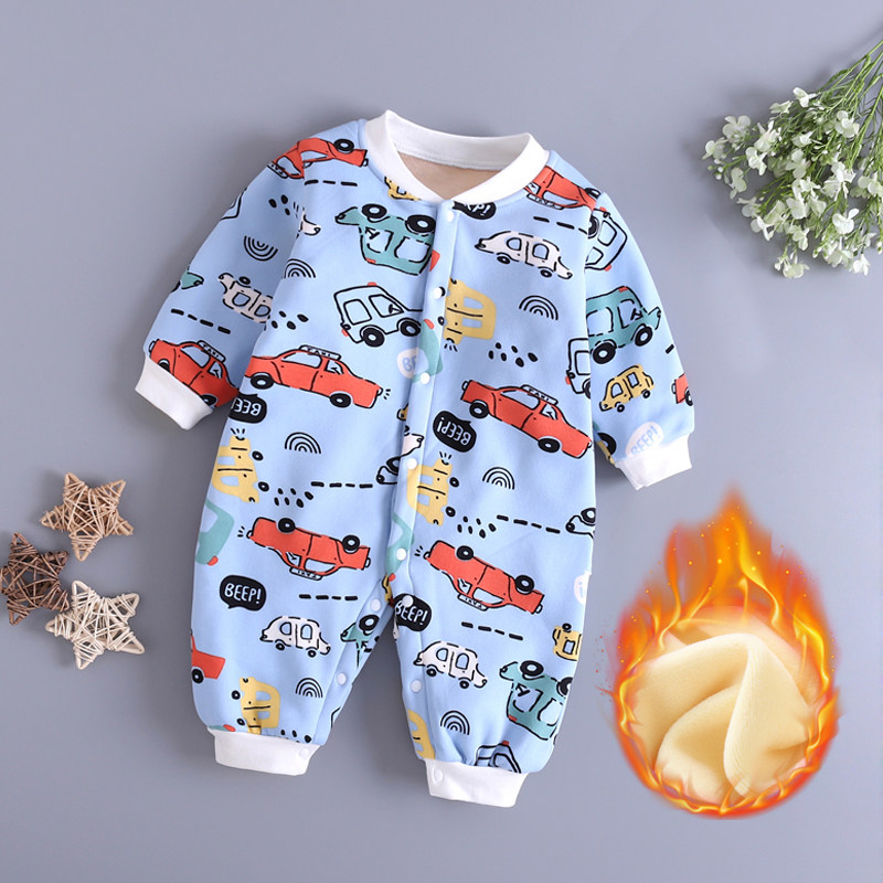 Boys and girls autumn clothes plus velvet baby jumpsuit spring and autumn winter warm romper thickened newborn clothes rompers