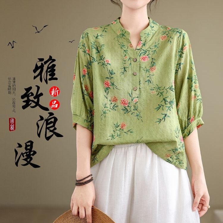 Cotton and Linen Vintage Chinese Style Shirt 2026 Summer New Fashion Loose Printed Floral Artistic Versatile Top