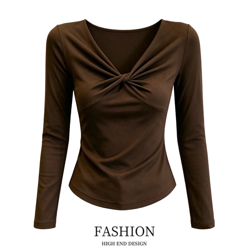 Pure Desire Twist Design Long-Sleeve T-Shirt for Women, Early Autumn Base Shirt, Plus Size, Slightly Chubby, Slimming, Outerwear Top