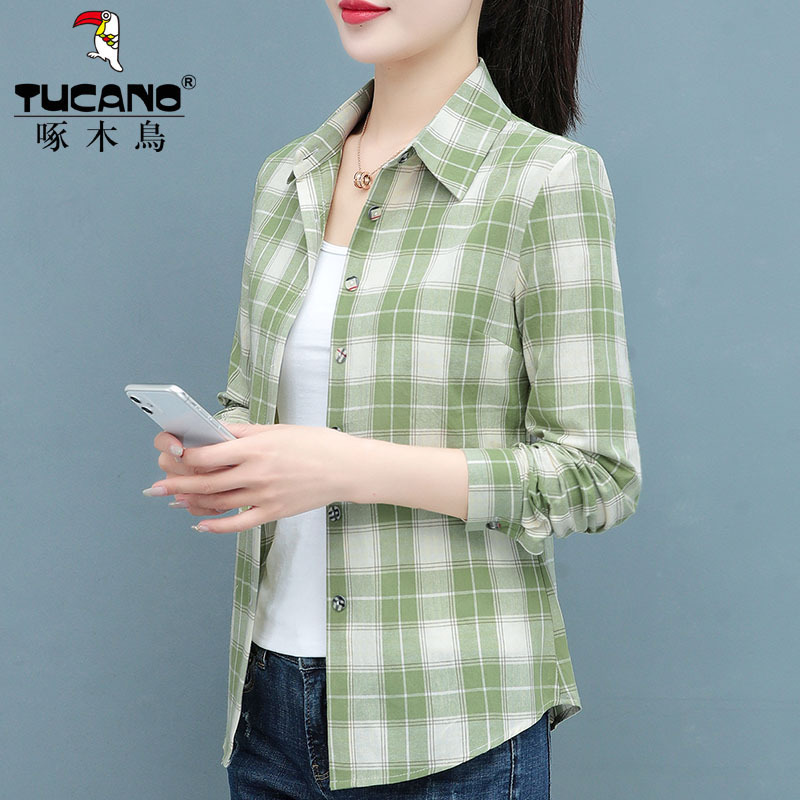 Woodpecker Genuine Plaid Shirt for Women, Long-Sleeved, New Spring and Autumn Style, Versatile, Stylish Base Shirt for Middle-Aged Mothers Woodpecker Genuine Plaid Shirt for Women, Long-Sleeved, New Spring and Autumn Style, Versatile, Stylish Base Shirt for Middle-Aged Mothers