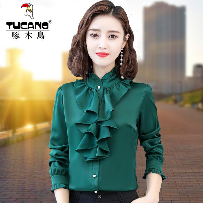 Woodpecker Chiffon Shirt for Women, Long Sleeve, Ruffle Collar, New Spring and Autumn Satin Fleece-Lined Shirt, Mother's Base Shirt Top
