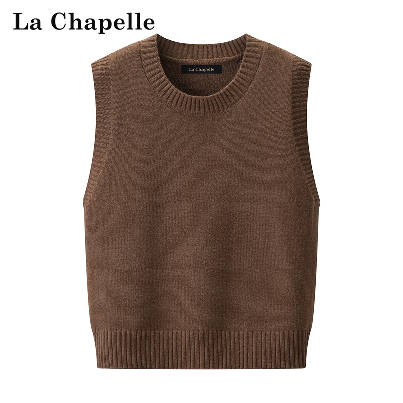 La Chapelle Coffee-Colored Round-Neck Knitted Vest for Women, Versatile for Autumn and Winter, Layering Vest, Sweater, Outerwear
