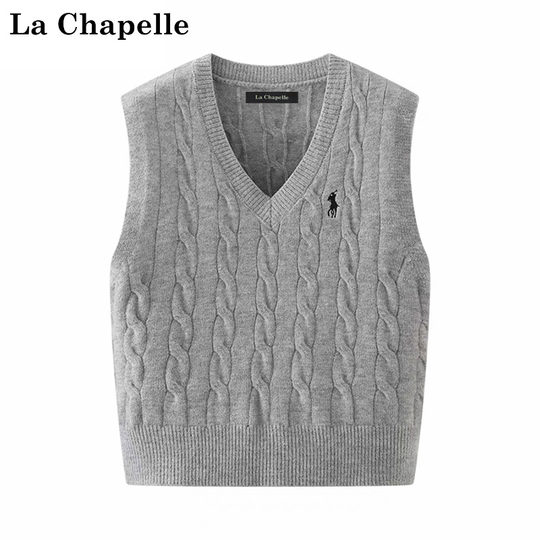 拉夏贝尔   灰色毛衣马甲女针织背心外搭纯色春秋款马夹坎肩