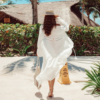 New Bohemian Style White Hollow-Out One-Piece Outer Cover-Up for Women, Long-Sleeved Vacation Beach Sun Protection High-End Jacket
