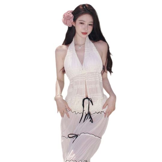 2025 New High-End Halter Vest Backless Skirt Swimsuit Suit Women's Sweet Seaside Vacation Swimsuit