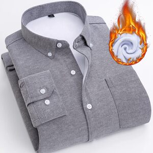 Clearance Sale~ Men's Fleece-Lined Thick Warm Oxford Shirt, Long-Sleeved, Loose Fit, Solid Color, Plus Size Work Shirt