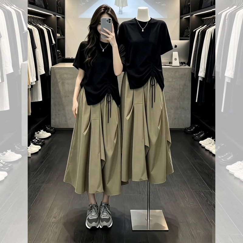 Black Short-Sleeved Skirt Sports Suit for Women 2026 Summer Unique Waist-Cinching Casual Loose Two-Piece Set