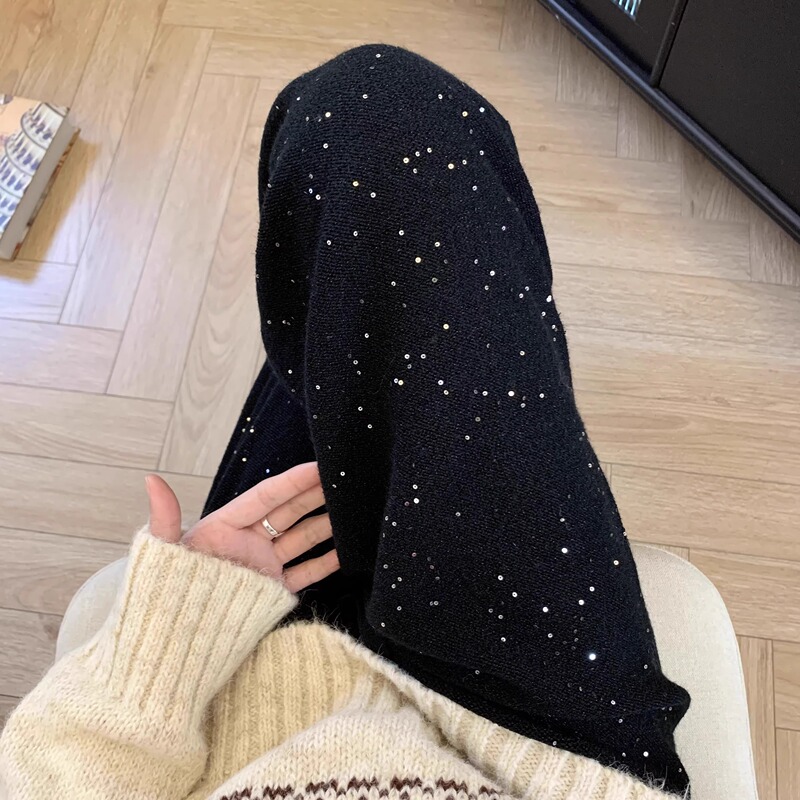 Shiny Starry Sky Pants, Black Casual Wide-Leg Pants for Women, Autumn and Winter High-End Sequin Knit Pants, Woolen Pants for Outerwear