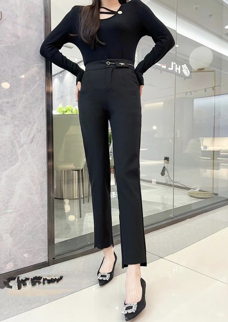 Metal buckle straight through trousers for women spring and autumn new loose black suit trousers slim cigarette pants nine-point pencil pants trendy