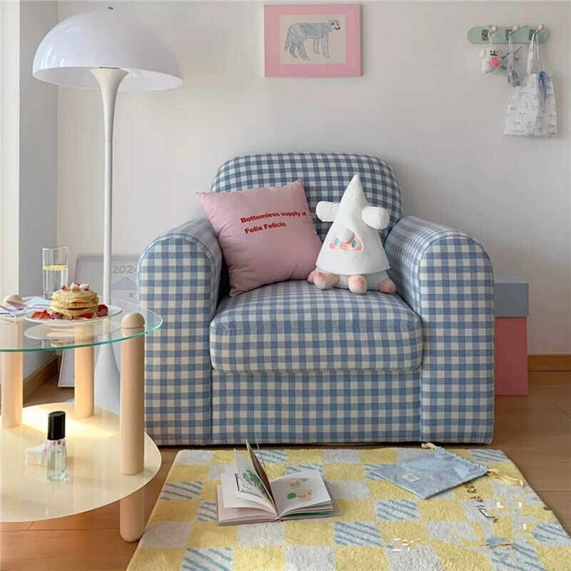 Twoi Same Style Sofa Cream Style Blue and White Checkered Shop Photo Shoot Small Square Single Nordic French Small Sofa Chair Twoi Same Style Sofa Cream Style Blue and White Checkered Shop Photo Shoot Small Square Single Nordic French Small Sofa Chair