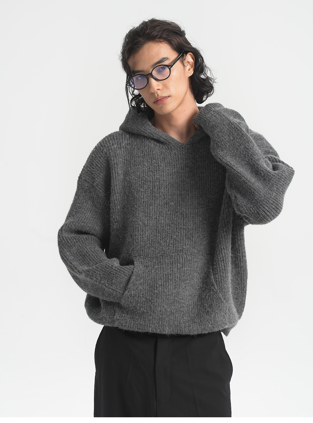 PURESQUARE Boxy Ribbed Knit Hoodie
