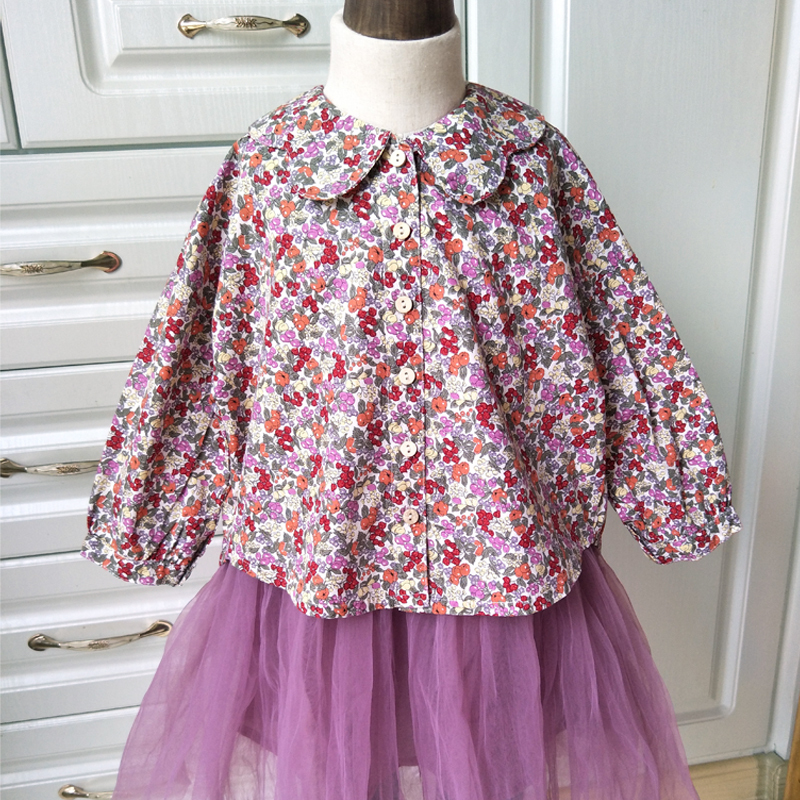 Girls' Shirt, New Spring and Autumn Korean Style, Stylish Princess Floral Children's Top, Pure Cotton Base Layer, Long-Sleeved, Sugar Antique Collar