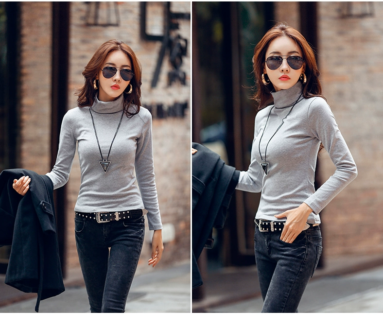 Áo sơ mi cổ cao nữ tay dài mùa thu đông áo phông trơn