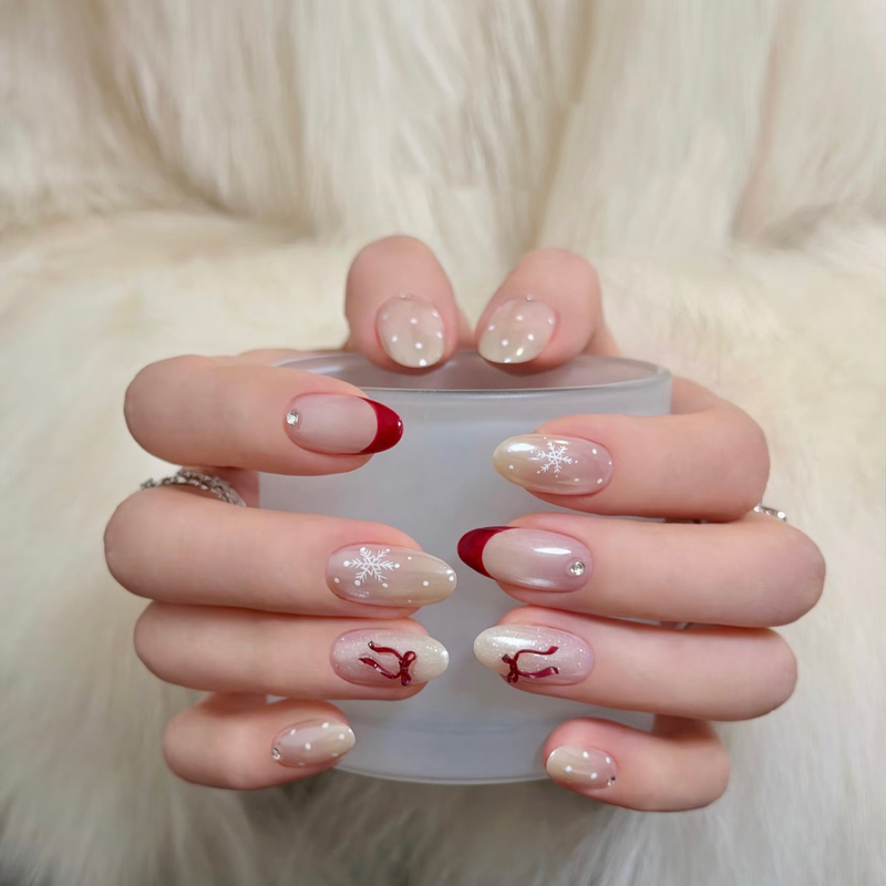 Oh Ni~ Purely Handmade Elegant Snowflake Polka Dot Press-On Nails, French Almond Cat Eye Nail Stickers, High-End Nail Art Oh Ni~ Purely Handmade Elegant Snowflake Polka Dot Press-On Nails, French Almond Cat Eye Nail Stickers, High-End Nail Art