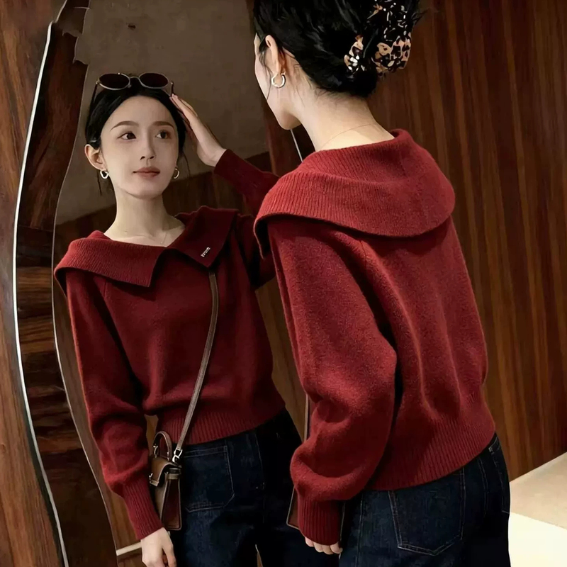 High-End Style Lapel One-Shoulder Knit Sweater for Women, New Autumn and Winter Wine Red Soft Sweater, Rich Red Color Top High-End Style Lapel One-Shoulder Knit Sweater for Women, New Autumn and Winter Wine Red Soft Sweater, Rich Red Color Top