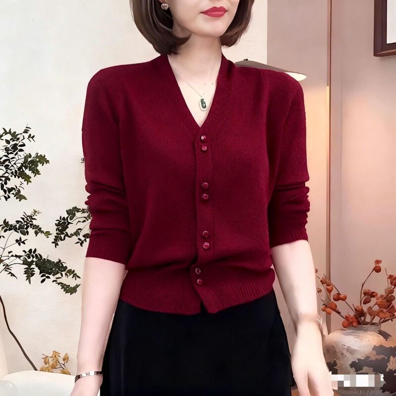 Red V-Neck Knitted Cardigan for Women, New Autumn and Winter Long-Sleeve Buttoned Sweater, Light Luxury Style, High-End Feel, Top Coat Red V-Neck Knitted Cardigan for Women, New Autumn and Winter Long-Sleeve Buttoned Sweater, Light Luxury Style, High-End Feel, Top Coat