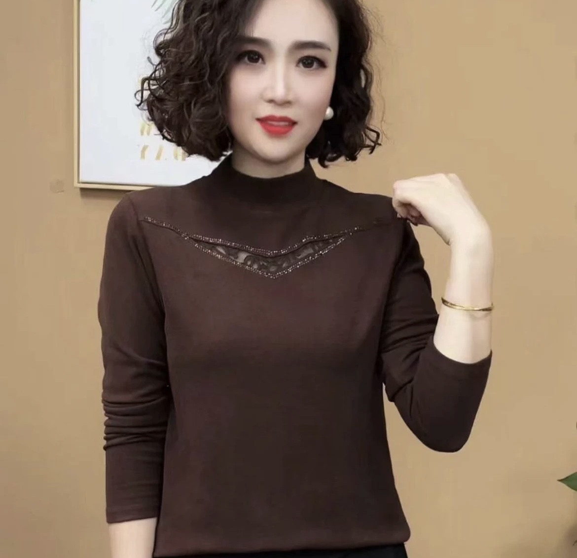 2026秋冬新款半高领镂空烫钻百搭洋气气质时尚加绒显瘦长袖小衫女