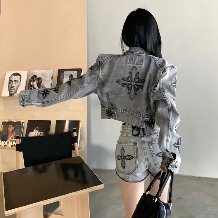 Cross Embroidered Denim Short Jacket Suit for Women, Spring New Style, Petite American Retro Loose Fashion Jacket