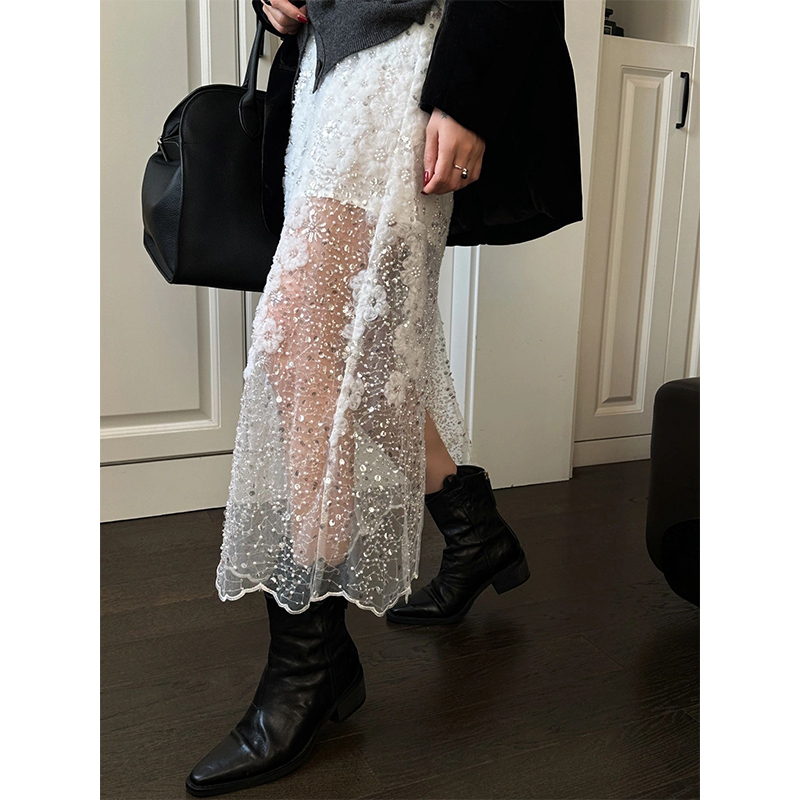Sequin Skirt with a Fairy-Like and Gentle Vibe, 2024 Spring New Style Sheer Skirt for Women