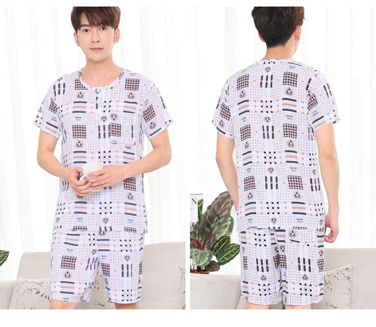 Mùa hè bông lụa đồ ngủ nam tinh khiết bông lỏng kích thước lớn ngắn tay phù hợp với nam giới nhân tạo bông thường mỏng phần dịch vụ nhà