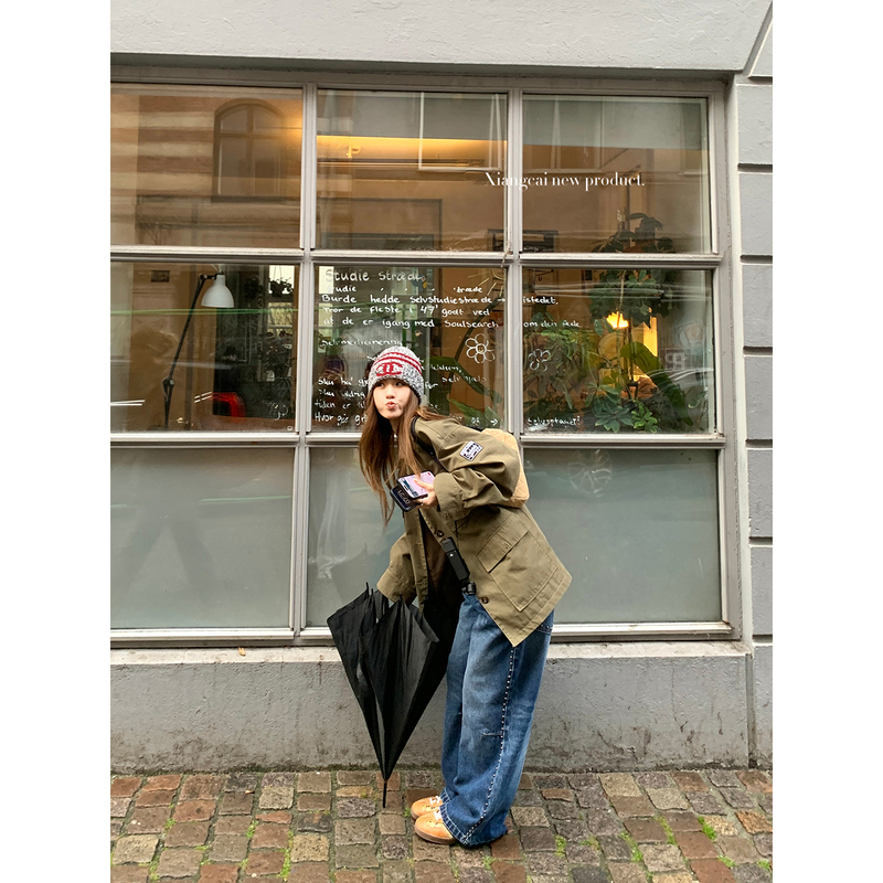 Cilantro No Spicy Flavor Xiangcai Rivet Straight-Leg Jeans for Women, Autumn High-Waisted Slimming Loose Wide-Leg Trousers