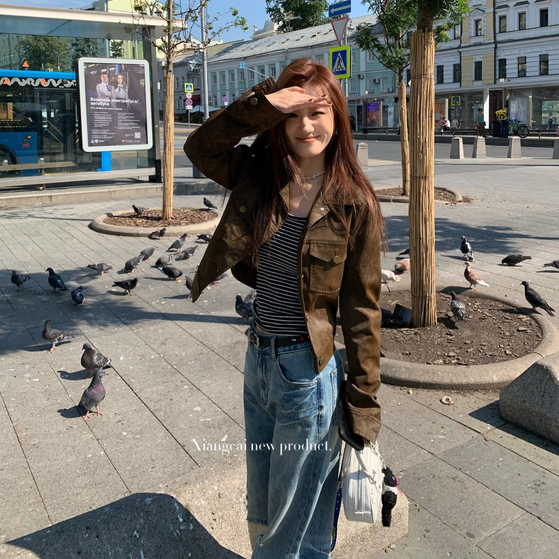 Coriander (Brand Name) Non-Spicy Xiangcai Lapel Leather Jacket for Women, Autumn Slim-Fit Retro Casual Biker Jacket Top
