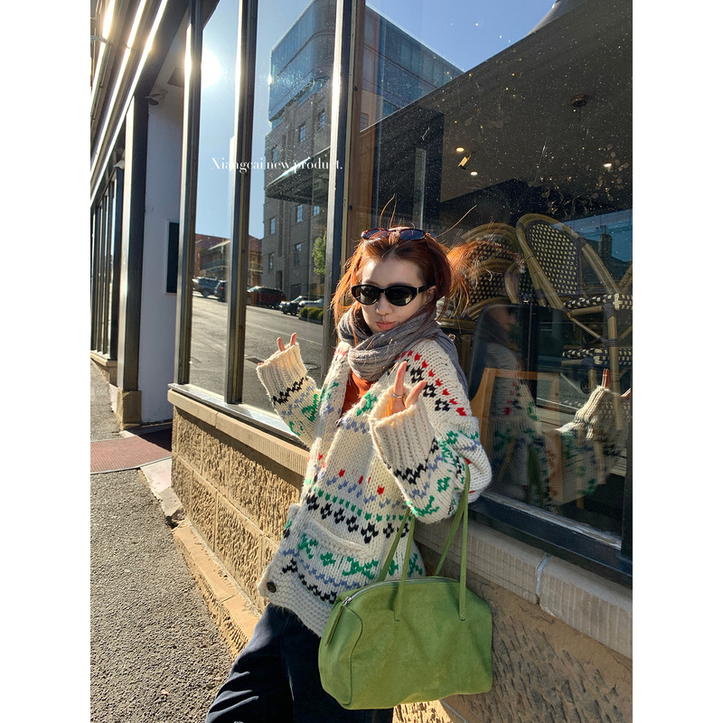 Coriander No Spicy Flavor Xiangcai Fair Isle Jacquard Knit Cardigan for Women, Autumn and Winter, Loose Fit, Slimming Sweater Jacket Coriander No Spicy Flavor Xiangcai Fair Isle Jacquard Knit Cardigan for Women, Autumn and Winter, Loose Fit, Slimming Sweater Jacket