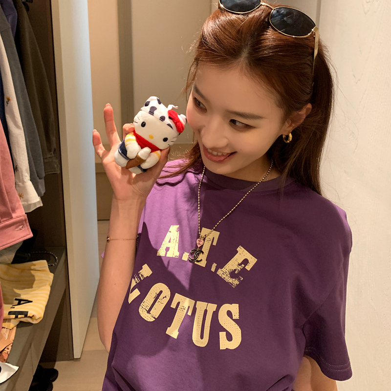 Coriander Without Spicy Flavor Xiangcai American-Style Purple Original Print Short-Sleeved T-Shirt for Women, Summer Casual Loose Top
